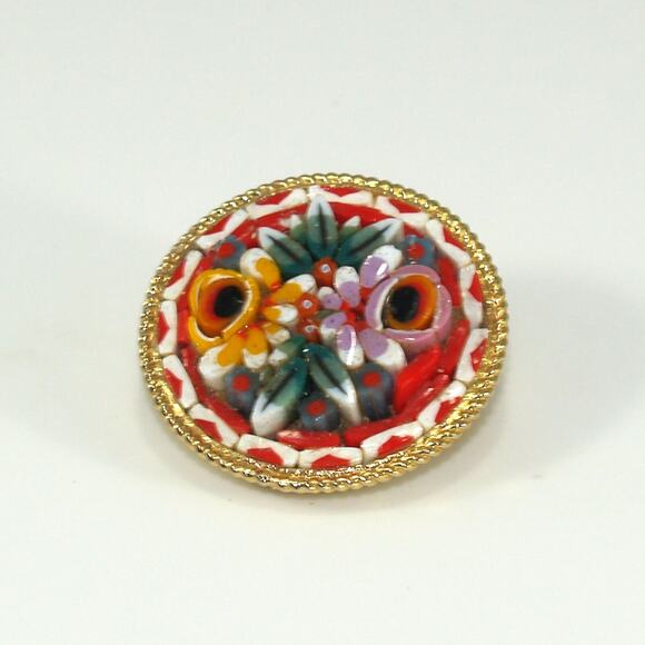 1950s Italian Micro Mosaic Brooch Floral Raised Design Gold Frame Italy - Picture 10 of 10